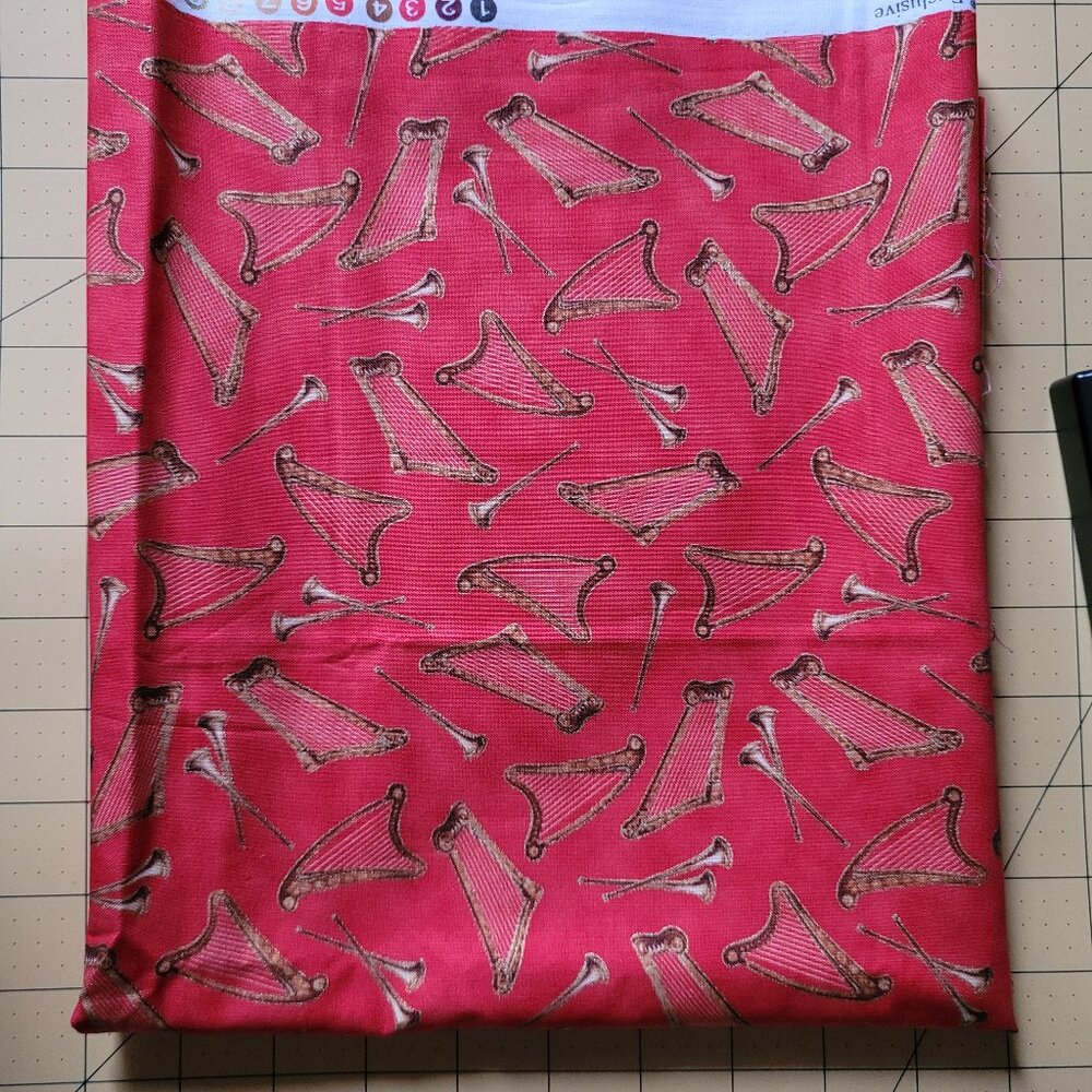 Vintage V.I.P. Golden Harps/Trumpets on Red Background Christmas Fabric 1 Yard